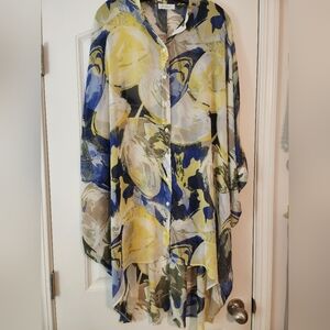 Frane Greece Abstract Print Sheer Button-Up Tunic in Yellow & Blue Fit Up To 3X